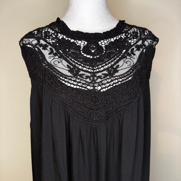 Davi & Dani 2X Black Boho Dress NWT Lace Yoke Sleeveless Ruffle Hem - Picture 2 of 8